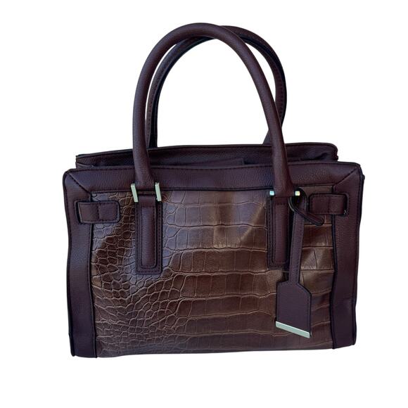 Merona Brown Croc Print Faux Leather Studded Double Handle Handbag Satchel - Picture 1 of 10